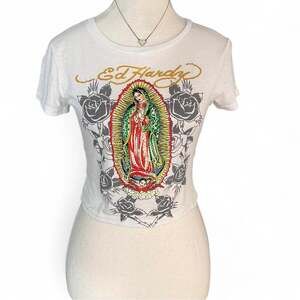 Y2K Ed Hardy Baby tee with Mcbling detail Virgin Mary detail size small